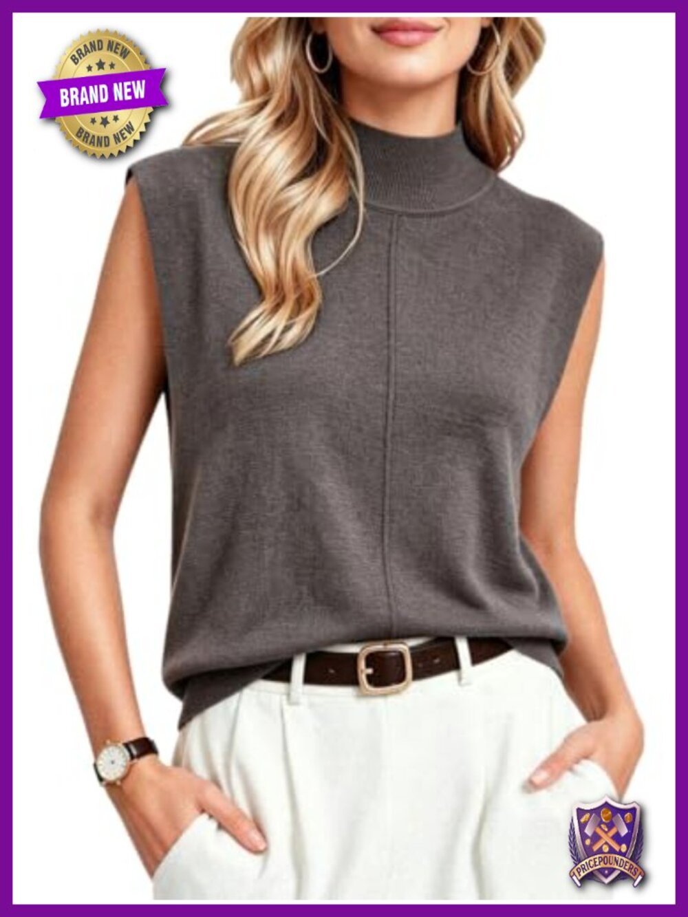 Merino Wool Blend Mock Turtleneck Sleeveless Sweater Vest Relaxed Fit